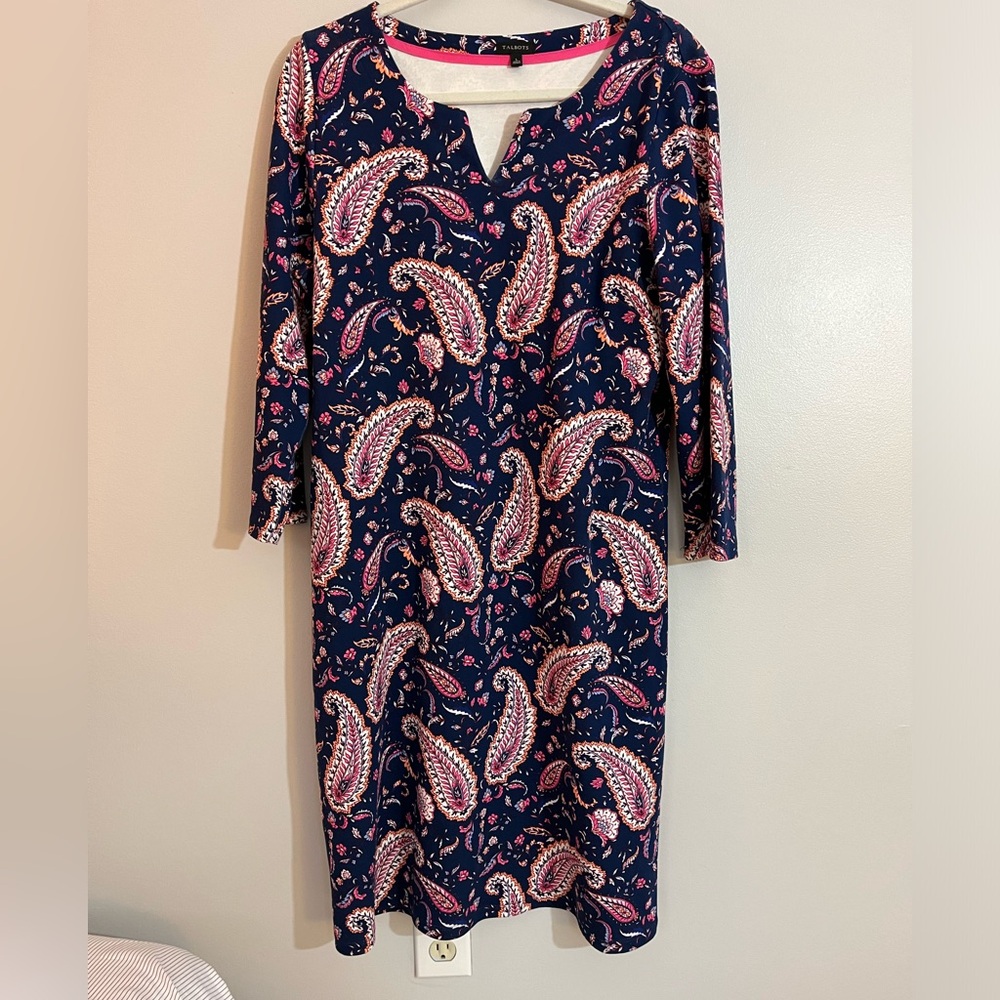 Talbots Women’s Purple Long Sleeve Cotton Paisley Midi Shift Dress Size L
